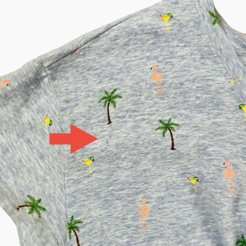 Miss Me Tropical Palm Flamingo Lace-Up Back Tee Gray Blue Medium - Picture 9 of 9